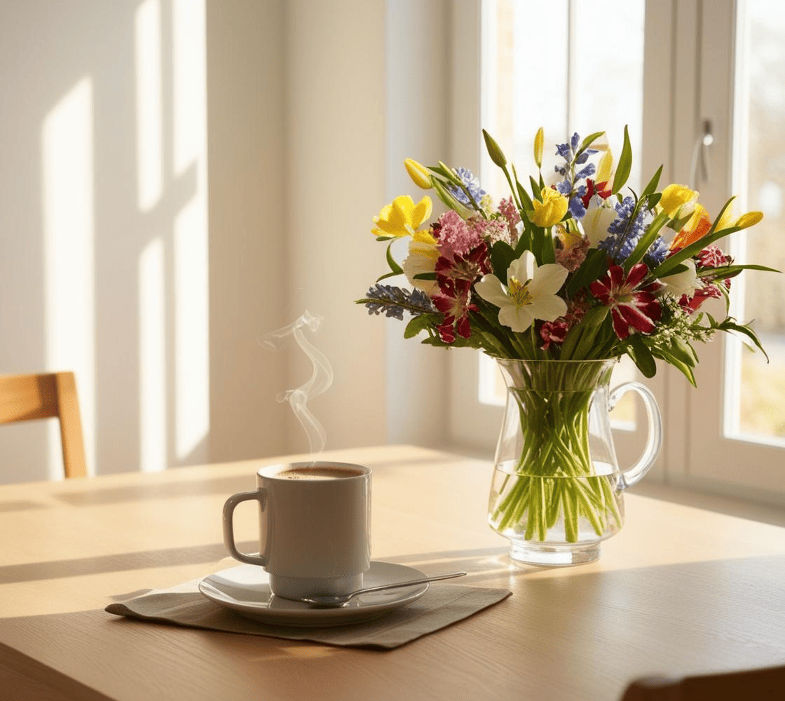 Bouquet de fleurs fraîches posé sur une table en bois clair dans un intérieur lumineux